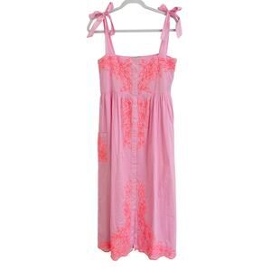 Juliet Dunn Tuckernuck Tie Shoulder Midi Pink Floral Embroidered Cotton Dress